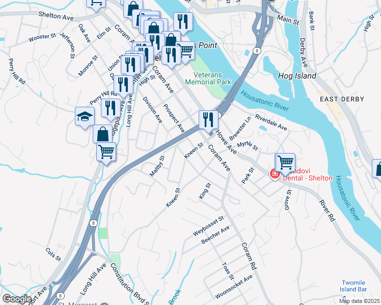 map of restaurants, bars, coffee shops, grocery stores, and more near 29 Bodyk Place in Shelton