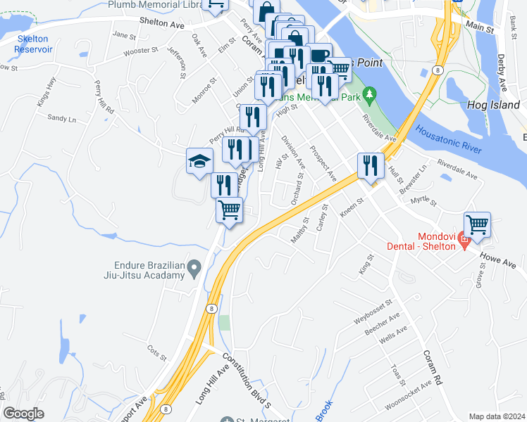 map of restaurants, bars, coffee shops, grocery stores, and more near 130 1/2 Long Hill Avenue in Shelton