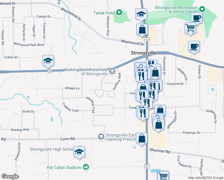 map of restaurants, bars, coffee shops, grocery stores, and more near 14441 Settlers Way in Strongsville