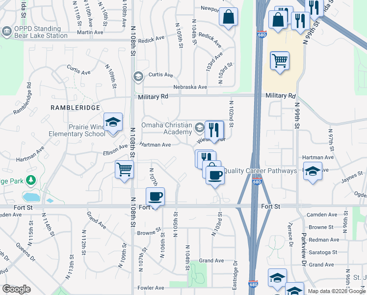 map of restaurants, bars, coffee shops, grocery stores, and more near 5686 North 103rd Street in Omaha