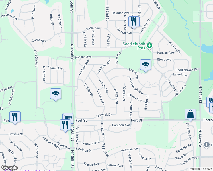 map of restaurants, bars, coffee shops, grocery stores, and more near 5544 North 153rd Street in Omaha