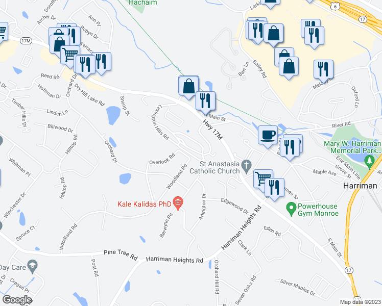 map of restaurants, bars, coffee shops, grocery stores, and more near 22 Lexington Hills Road in Monroe