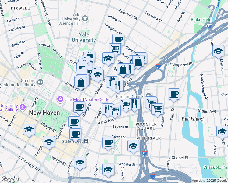 map of restaurants, bars, coffee shops, grocery stores, and more near 1 Audubon Street in New Haven