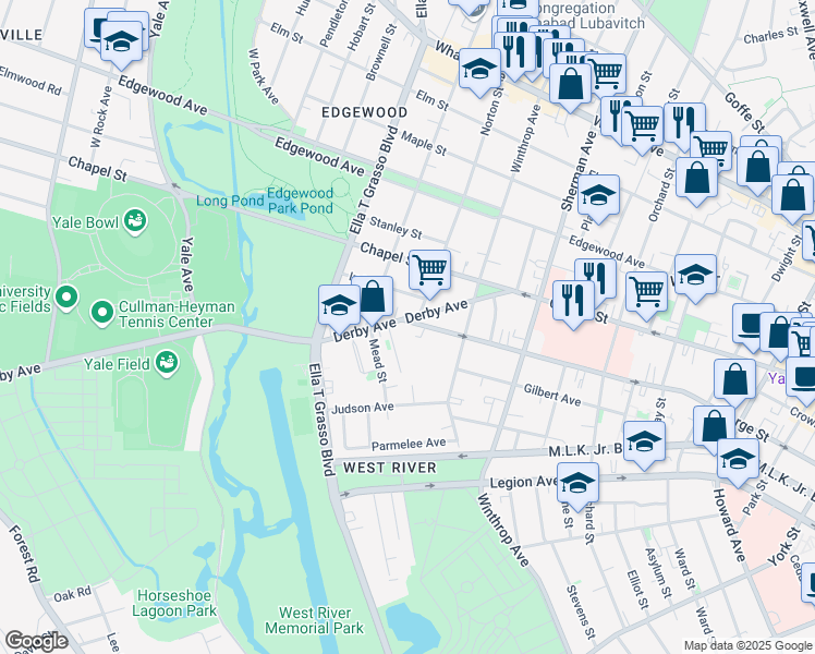 map of restaurants, bars, coffee shops, grocery stores, and more near 790 George Street in New Haven