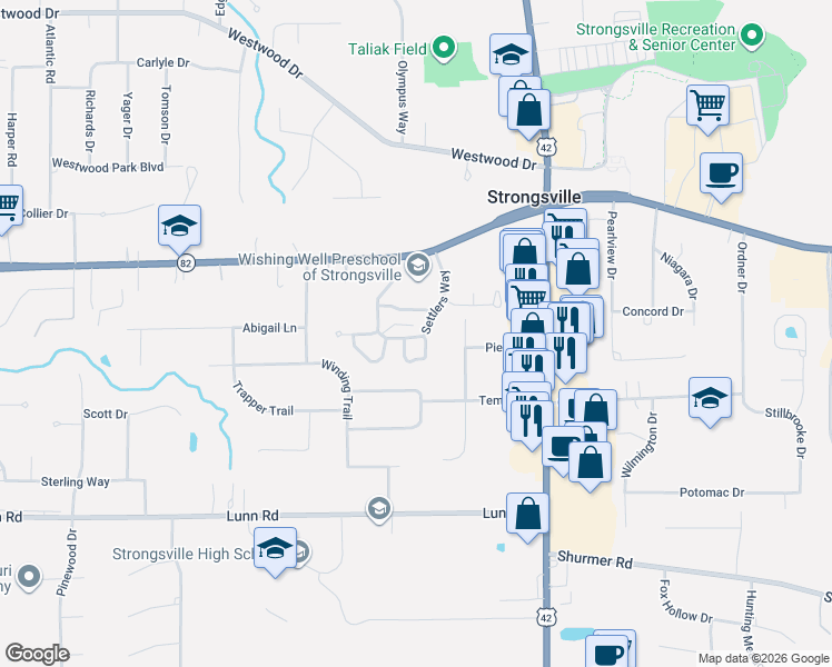 map of restaurants, bars, coffee shops, grocery stores, and more near 14441 Settlers Way in Strongsville