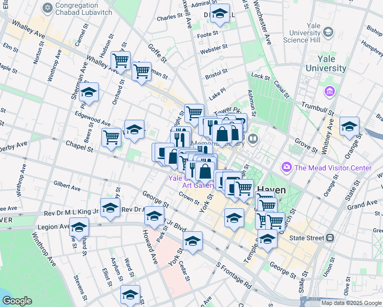 map of restaurants, bars, coffee shops, grocery stores, and more near 6 Lynwood Place in New Haven