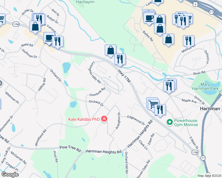 map of restaurants, bars, coffee shops, grocery stores, and more near 18 Lexington Hills Road in Monroe