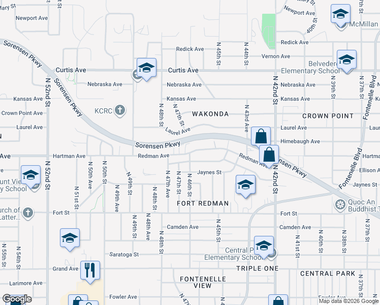 map of restaurants, bars, coffee shops, grocery stores, and more near Redman Ave & N 46th St in Omaha