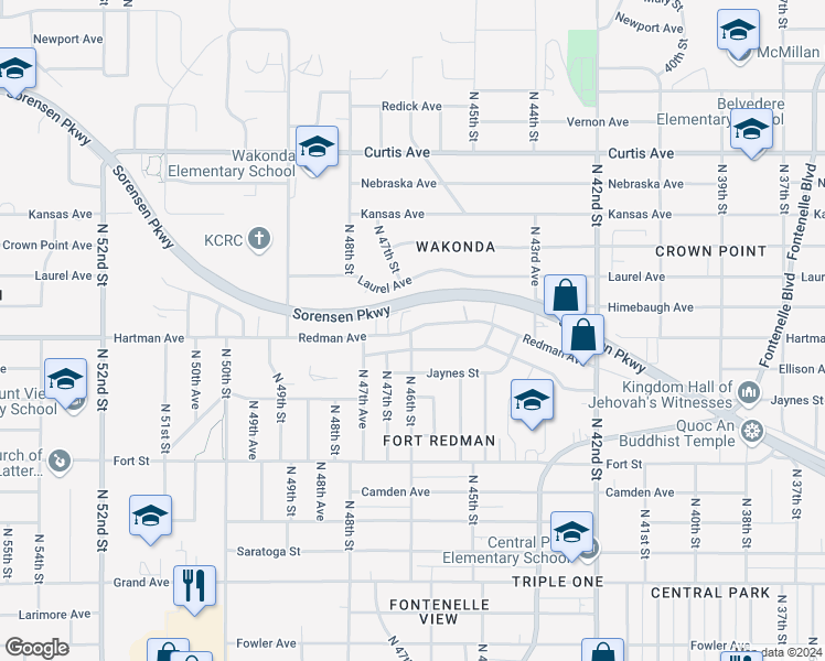 map of restaurants, bars, coffee shops, grocery stores, and more near 4602 Redman Avenue in Omaha