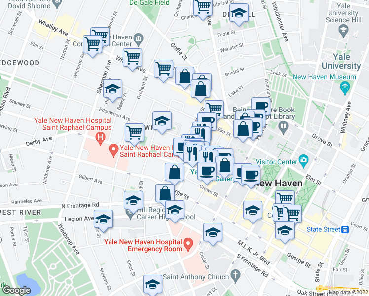 map of restaurants, bars, coffee shops, grocery stores, and more near 185 Dwight Street in New Haven