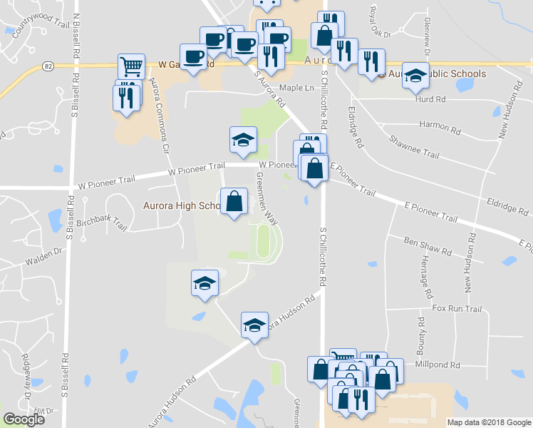 map of restaurants, bars, coffee shops, grocery stores, and more near Greenmen Way in Aurora