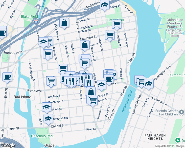 map of restaurants, bars, coffee shops, grocery stores, and more near 373 Ferry Street in New Haven