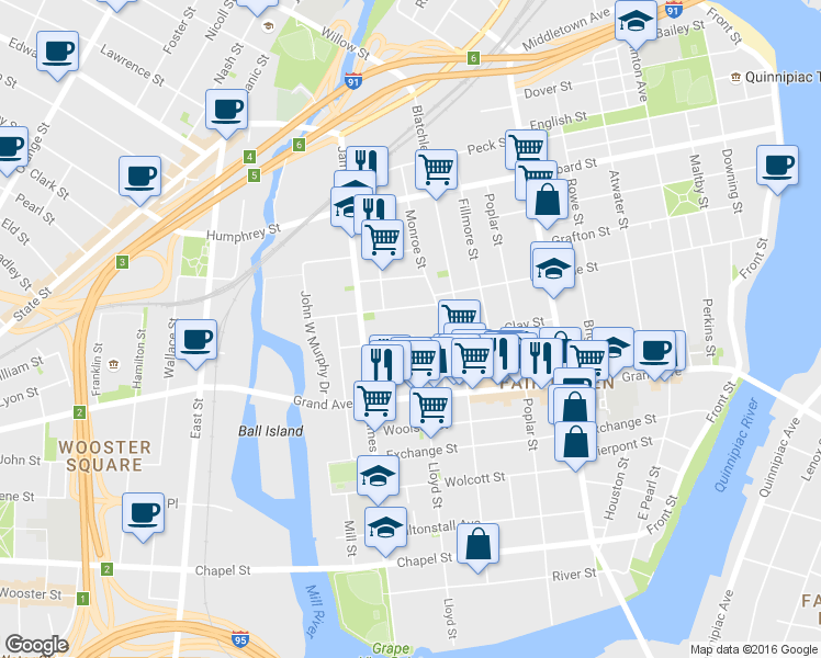 map of restaurants, bars, coffee shops, grocery stores, and more near 272 Lloyd Street in New Haven