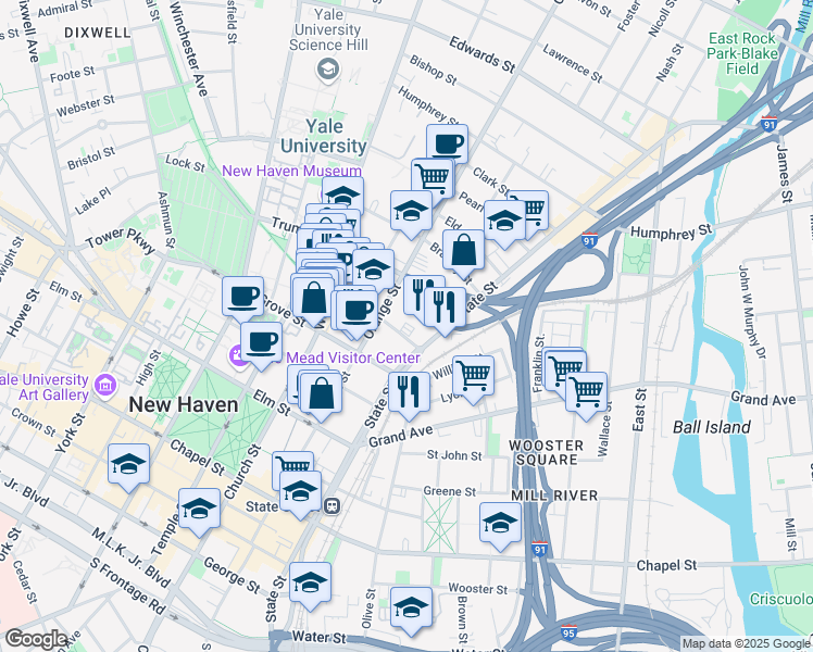 map of restaurants, bars, coffee shops, grocery stores, and more near 630 State Street in New Haven
