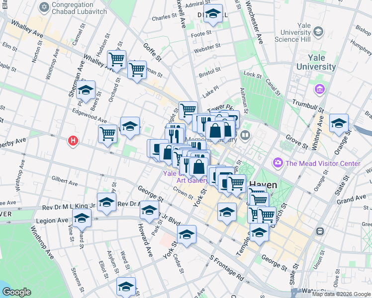 map of restaurants, bars, coffee shops, grocery stores, and more near 8 Edgewood Avenue in New Haven