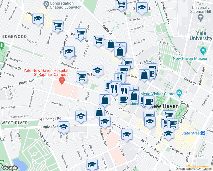 map of restaurants, bars, coffee shops, grocery stores, and more near 1245 Chapel Street in New Haven
