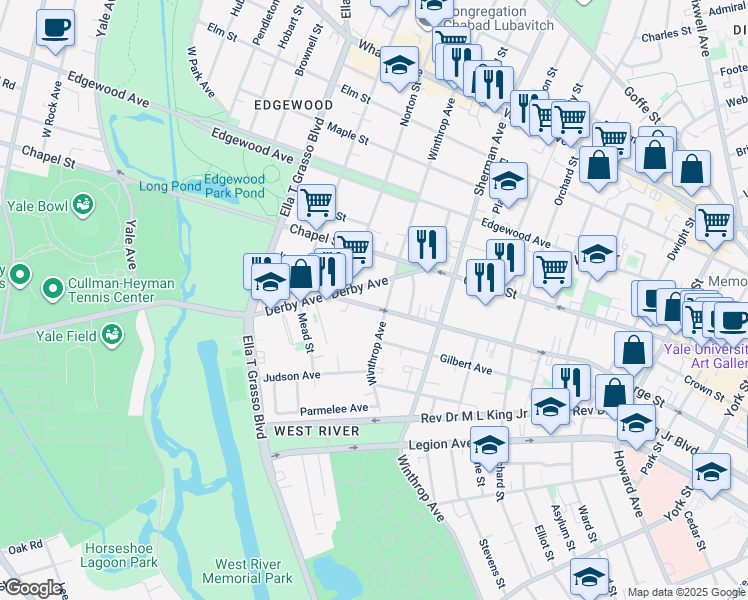 map of restaurants, bars, coffee shops, grocery stores, and more near 252 Winthrop Avenue in New Haven