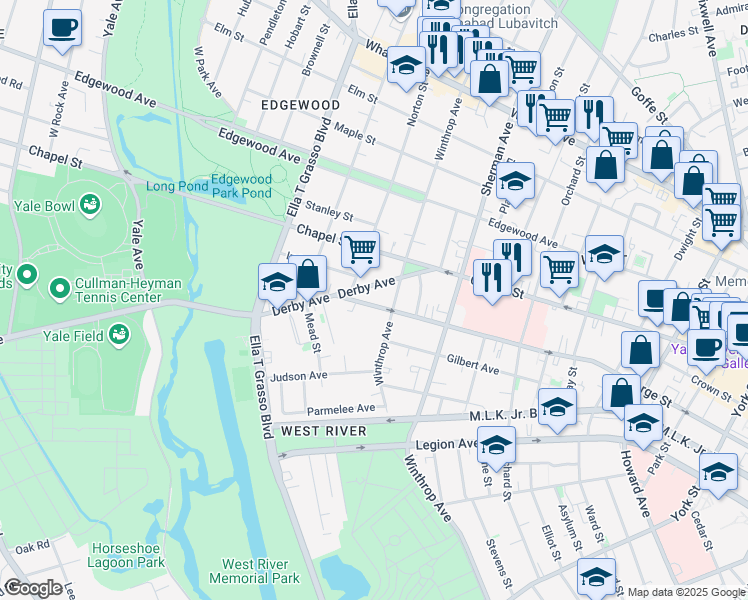 map of restaurants, bars, coffee shops, grocery stores, and more near 252 Winthrop Avenue in New Haven