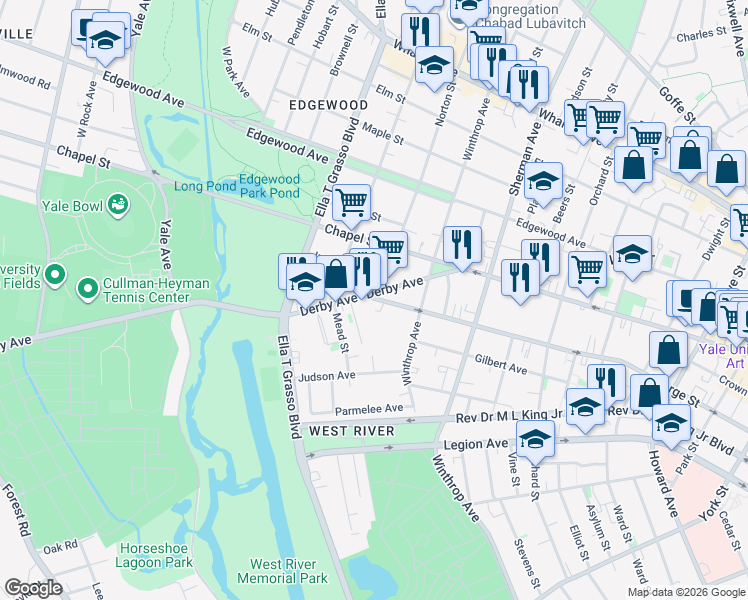 map of restaurants, bars, coffee shops, grocery stores, and more near 790 George Street in New Haven