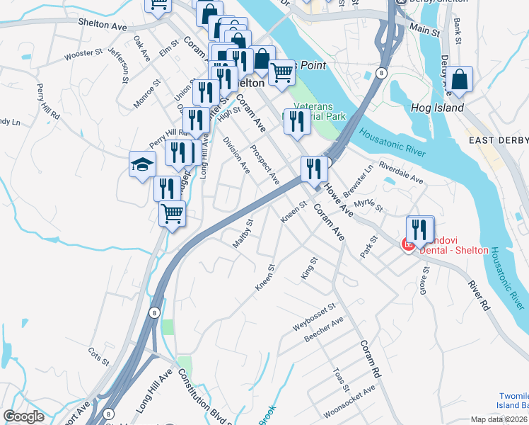 map of restaurants, bars, coffee shops, grocery stores, and more near 31 Carley Street in Shelton