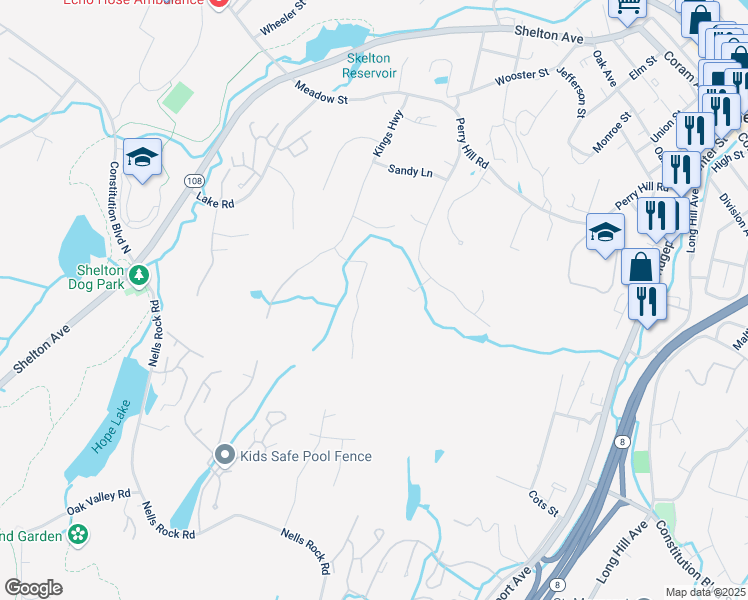 map of restaurants, bars, coffee shops, grocery stores, and more near 84 Kings Highway in Shelton