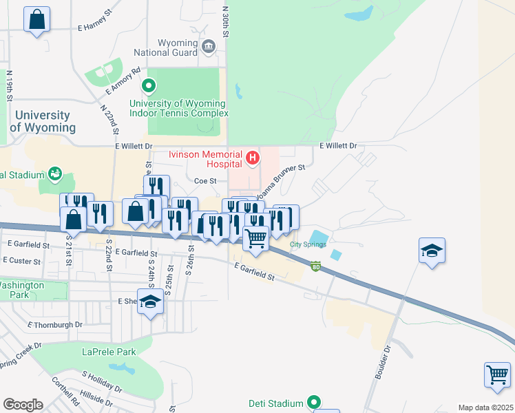 map of restaurants, bars, coffee shops, grocery stores, and more near 249 McCollum St in Laramie