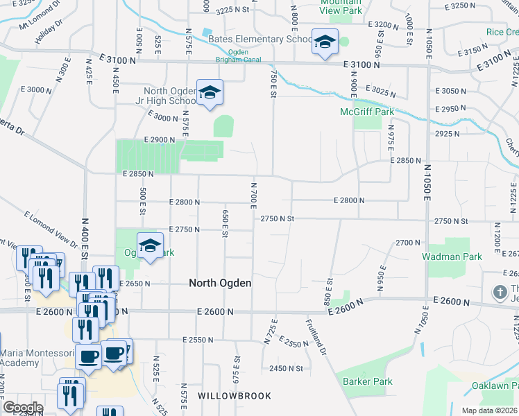 map of restaurants, bars, coffee shops, grocery stores, and more near 2798 North 700 East in Ogden