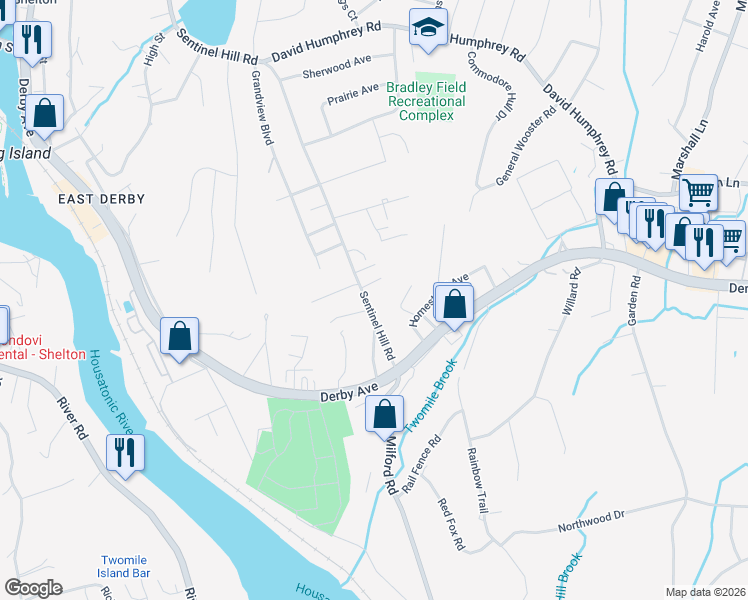 map of restaurants, bars, coffee shops, grocery stores, and more near 52 Sentinel Hill Road in Derby