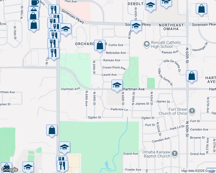 map of restaurants, bars, coffee shops, grocery stores, and more near in Omaha