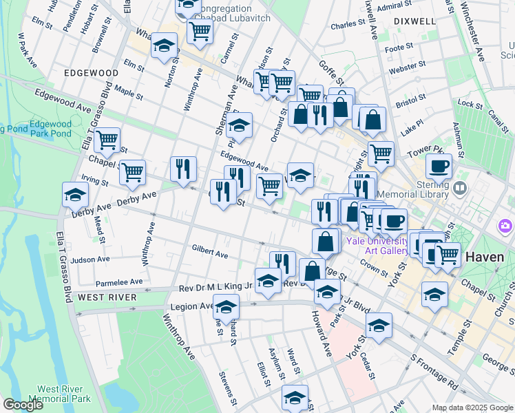 map of restaurants, bars, coffee shops, grocery stores, and more near 1346 Chapel Street in New Haven