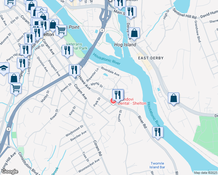 map of restaurants, bars, coffee shops, grocery stores, and more near 75 Myrtle Street in Shelton
