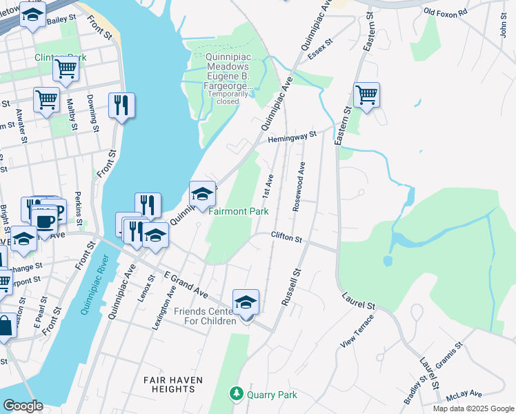 map of restaurants, bars, coffee shops, grocery stores, and more near 30 1st Avenue in New Haven