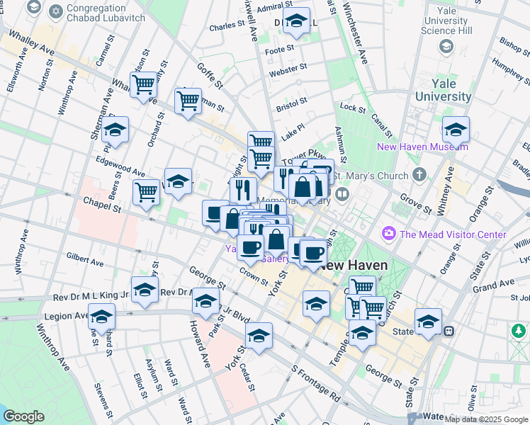 map of restaurants, bars, coffee shops, grocery stores, and more near 21 Lynwood Place in New Haven
