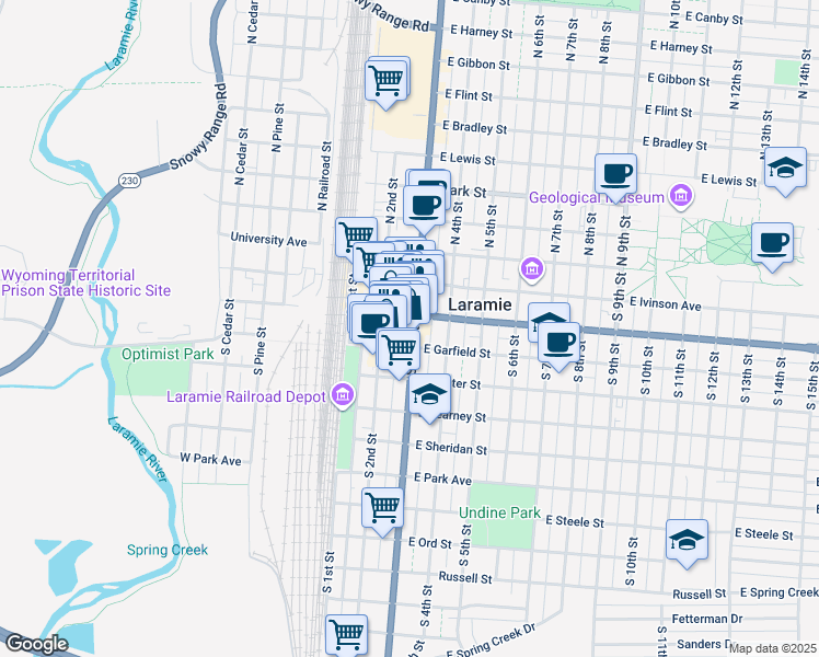 map of restaurants, bars, coffee shops, grocery stores, and more near 222 East Garfield Street in Laramie
