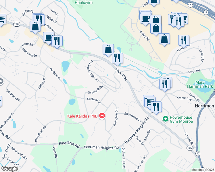 map of restaurants, bars, coffee shops, grocery stores, and more near 1 Woodland Road in Monroe