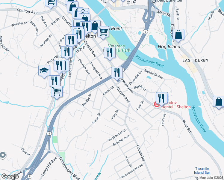 map of restaurants, bars, coffee shops, grocery stores, and more near 175 Myrtle Street in Shelton