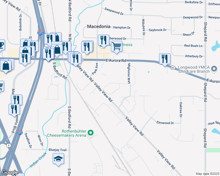 map of restaurants, bars, coffee shops, grocery stores, and more near 9633 Valley View Road in Macedonia