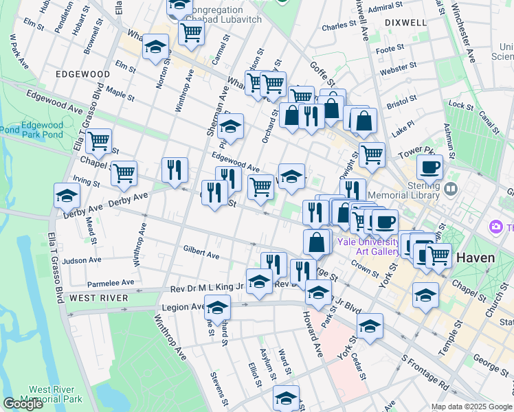 map of restaurants, bars, coffee shops, grocery stores, and more near 1346 Chapel Street in New Haven