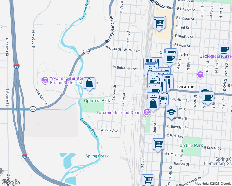 map of restaurants, bars, coffee shops, grocery stores, and more near 404 South Pine Street in Laramie