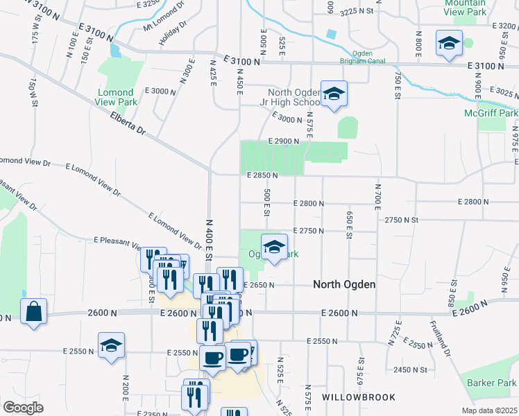 map of restaurants, bars, coffee shops, grocery stores, and more near 470 East 2750 North in Ogden