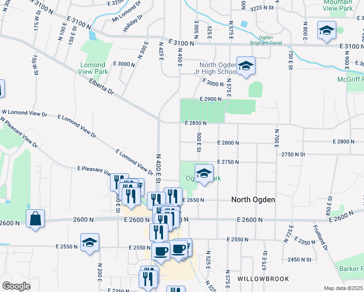 map of restaurants, bars, coffee shops, grocery stores, and more near 470 East 2750 North in Ogden
