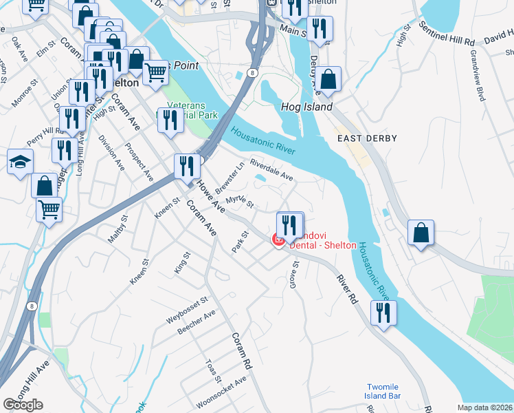 map of restaurants, bars, coffee shops, grocery stores, and more near 10 Park Street in Shelton