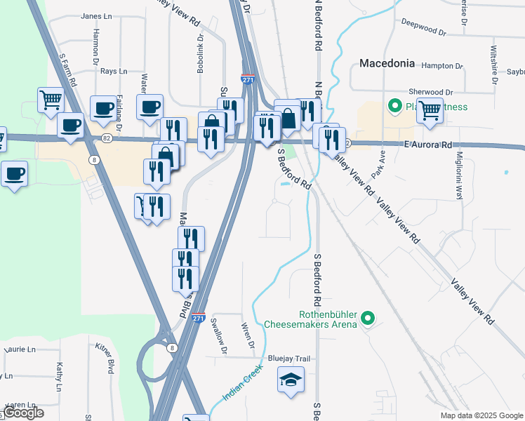 map of restaurants, bars, coffee shops, grocery stores, and more near 40 Girl Scout Way in Macedonia