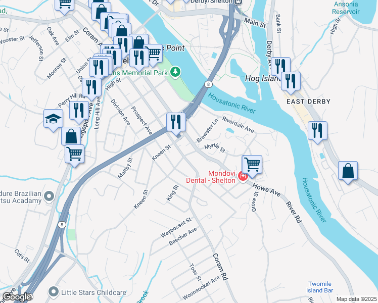 map of restaurants, bars, coffee shops, grocery stores, and more near 147 Myrtle Street in Shelton