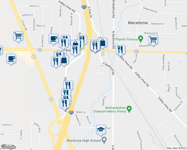 map of restaurants, bars, coffee shops, grocery stores, and more near 8282 Lakeview Drive in Macedonia