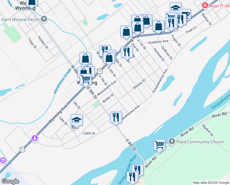 map of restaurants, bars, coffee shops, grocery stores, and more near 21 Dorrance Avenue in Wyoming