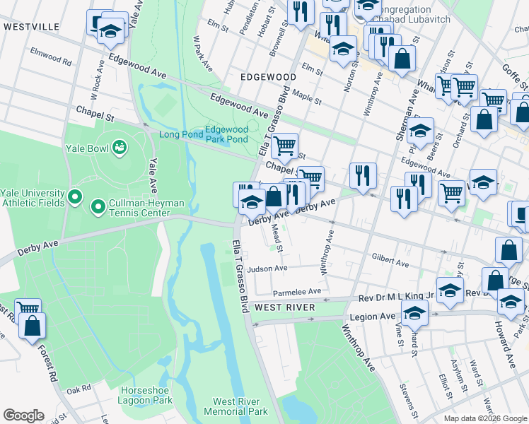 map of restaurants, bars, coffee shops, grocery stores, and more near 149 Derby Avenue in New Haven