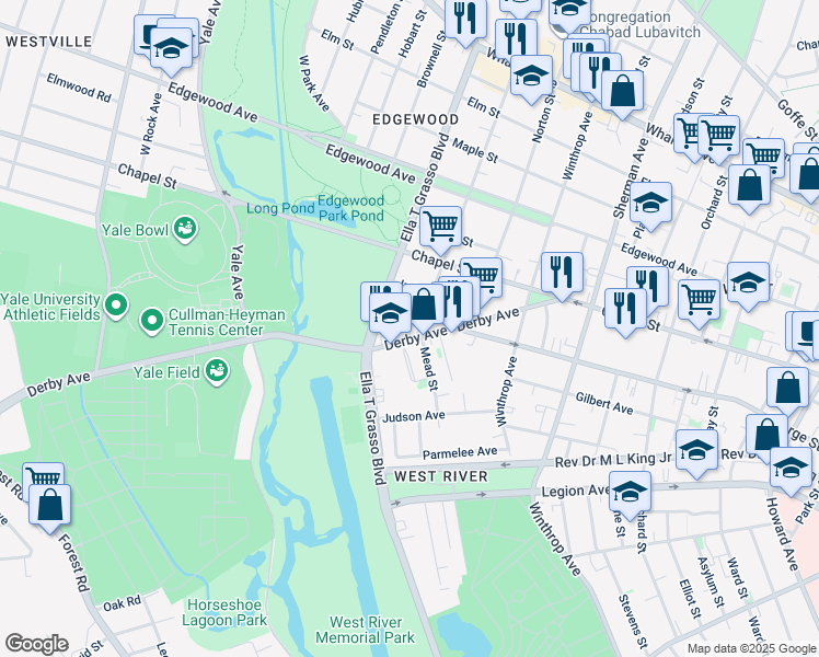 map of restaurants, bars, coffee shops, grocery stores, and more near 149 Derby Avenue in New Haven