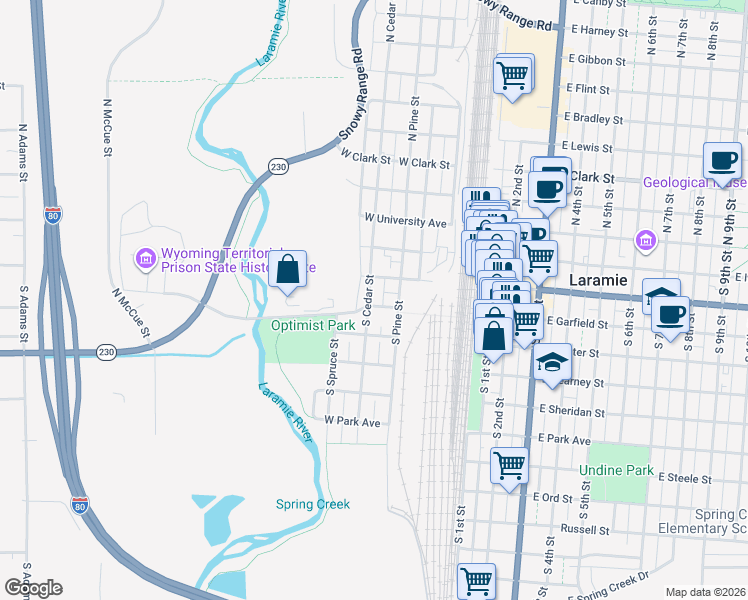 map of restaurants, bars, coffee shops, grocery stores, and more near 404 South Pine Street in Laramie