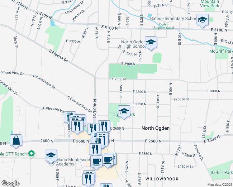 map of restaurants, bars, coffee shops, grocery stores, and more near 483 East 2800 North in Ogden